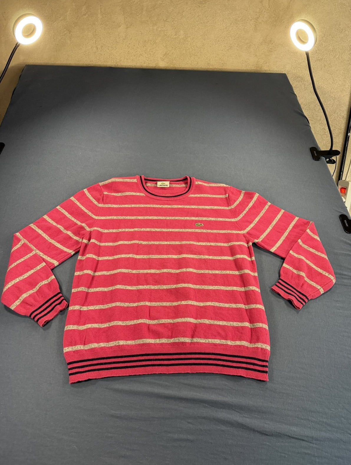 Framboosroze Lacoste streeptrui, maat L (gebreide pullover / sweater) met ronde hals