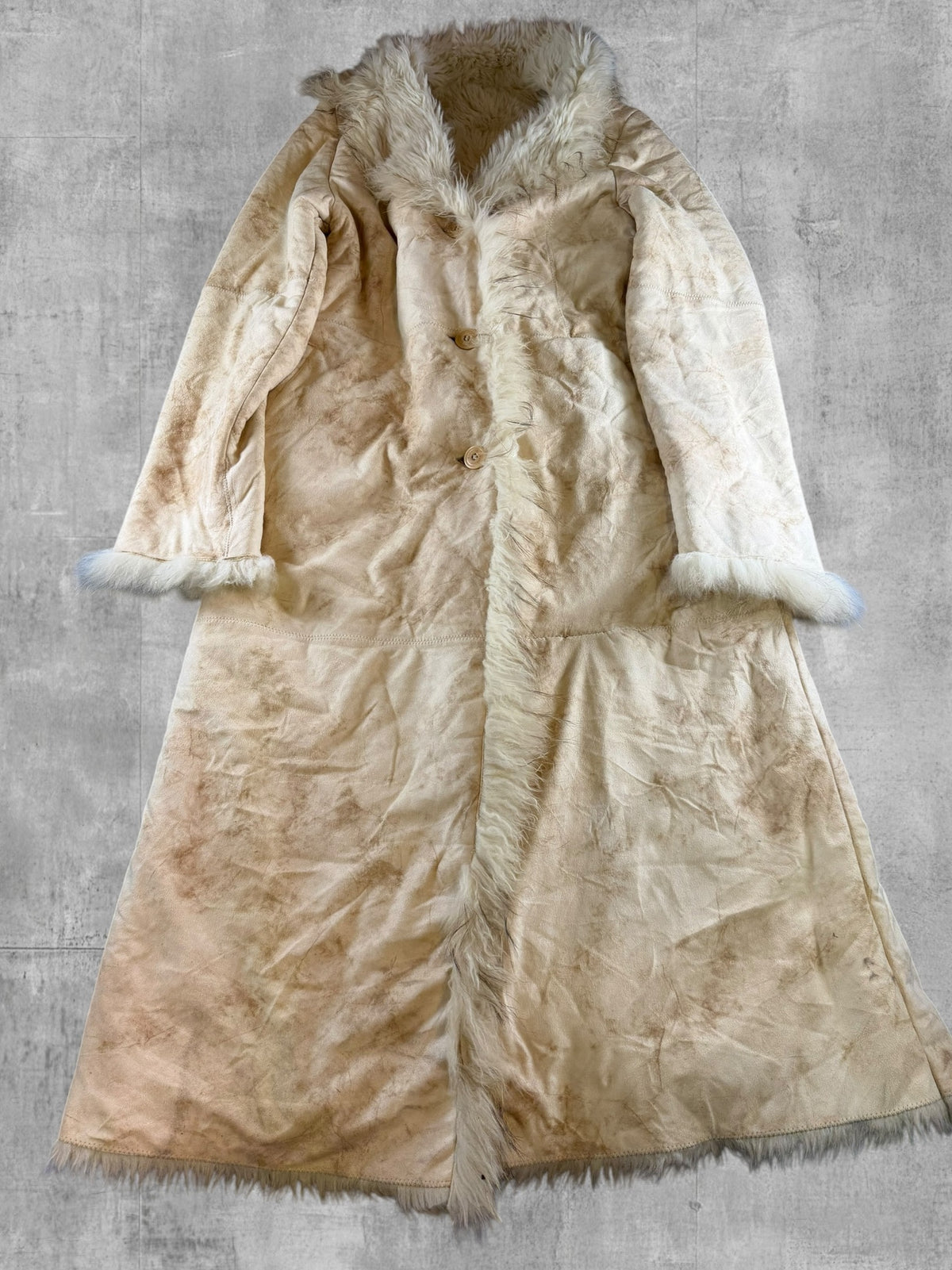 Beige leren damesjas van Vintage Dressing (lammy coat / Afghaanse jas), maat XL