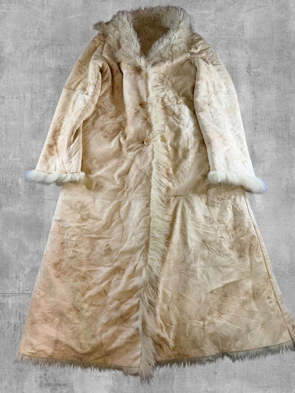 Beige leren damesjas van Vintage Dressing (lammy coat / Afghaanse jas), maat XL