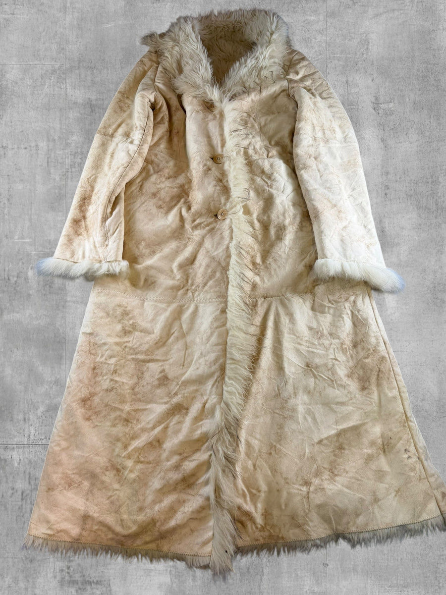 Beige leren damesjas van Vintage Dressing (lammy coat / Afghaanse jas), maat XL