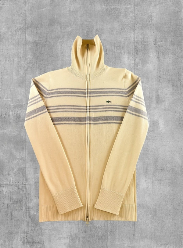 Beige-grijs gestreept Lacoste gebreid vest (cardigan / fijngebreid vestje) dames maat L