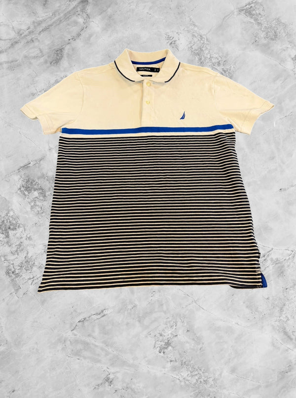 Ecru met kobaltstrepen: Nautica piqué polo (poloshirt), maat M, slim fit