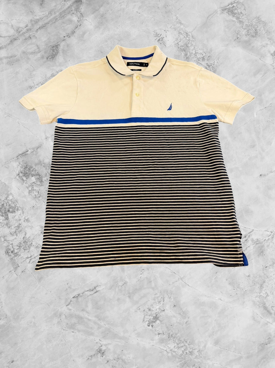 Ecru met kobaltstrepen: Nautica piqué polo (poloshirt), maat M, slim fit
