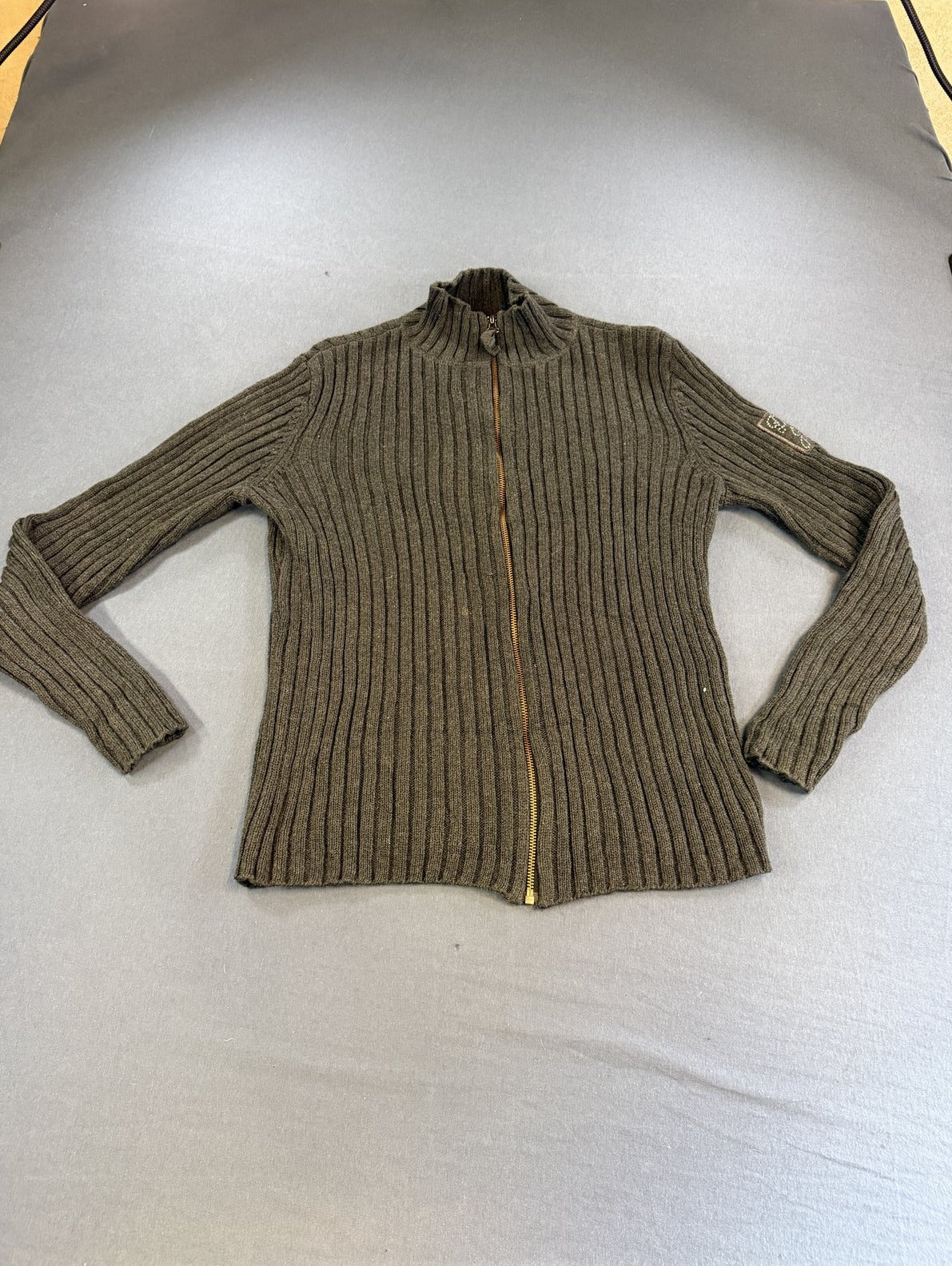 Grijze DKNY ritstrui met kraag (colvest / ribcardigan), maat L