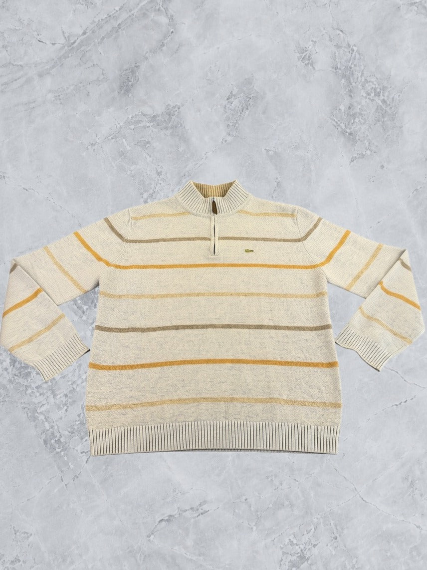 Blauwe gestreepte Lacoste trui (halfzip / troyer), maat XXL