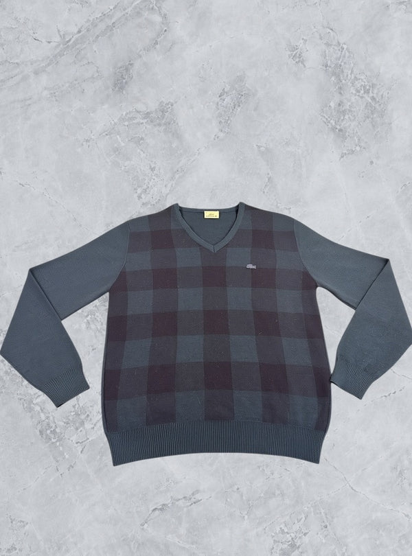 Blauwe Lacoste pullover met ruitmotief (V-hals trui / sweater), maat M