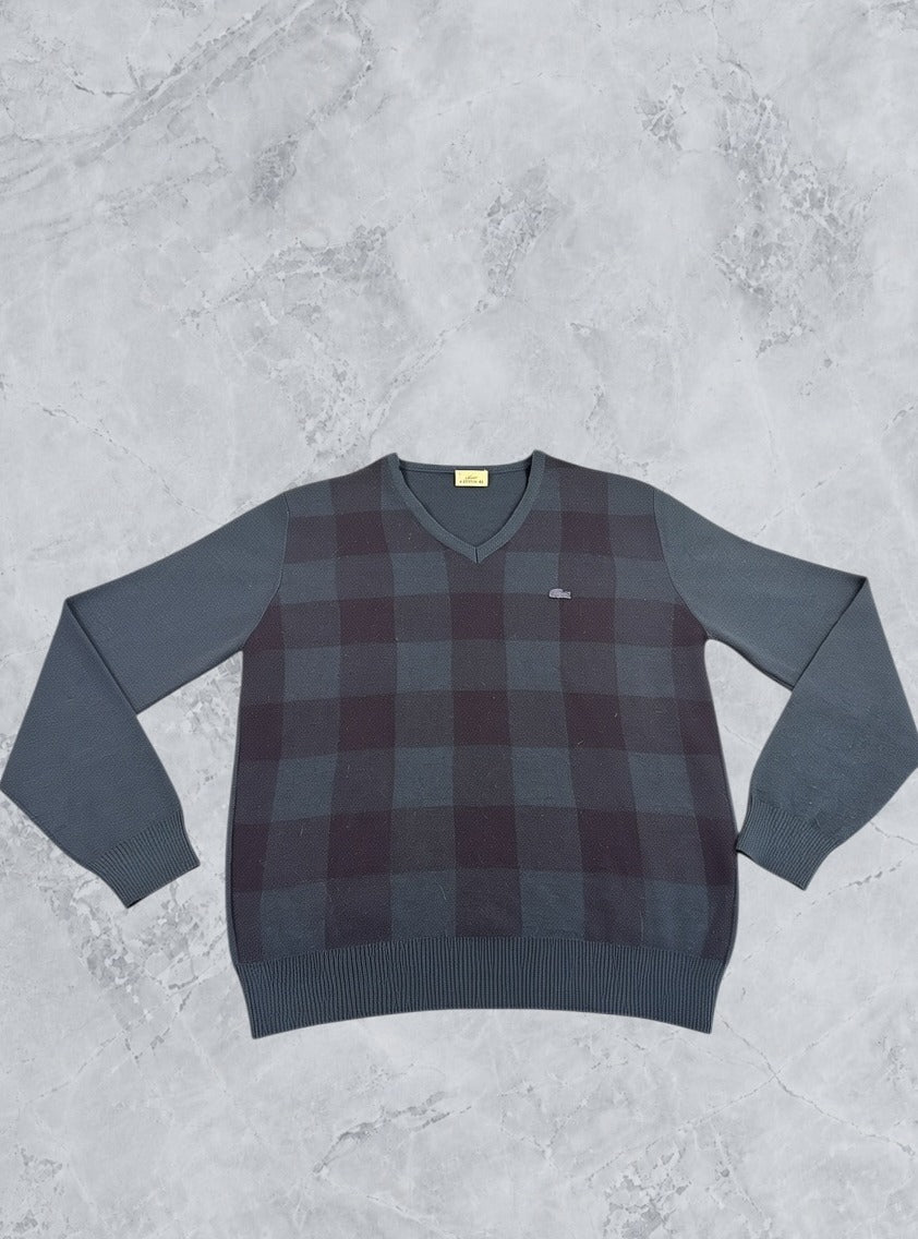 Blauwe Lacoste pullover met ruitmotief (V-hals trui / sweater), maat M