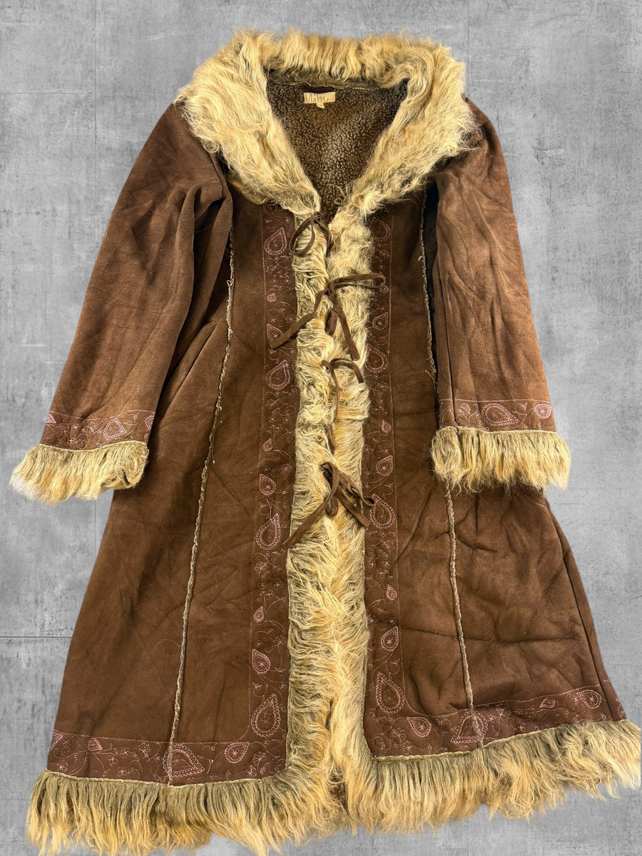 Vintage Dressing Afghaanse jas bruin print dames maat M
