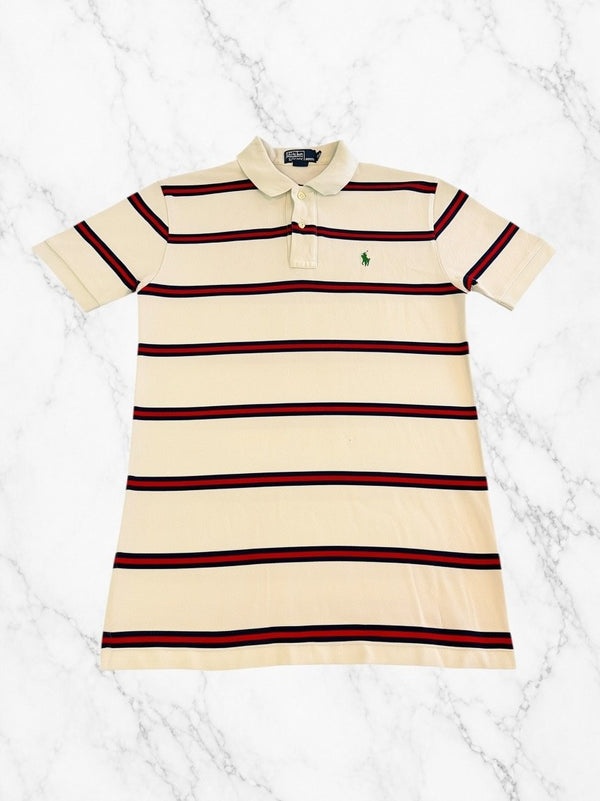 Wit Polo Ralph Lauren shirt met rood-blauwe bies (piqué polo / sportshirt), maat M heren