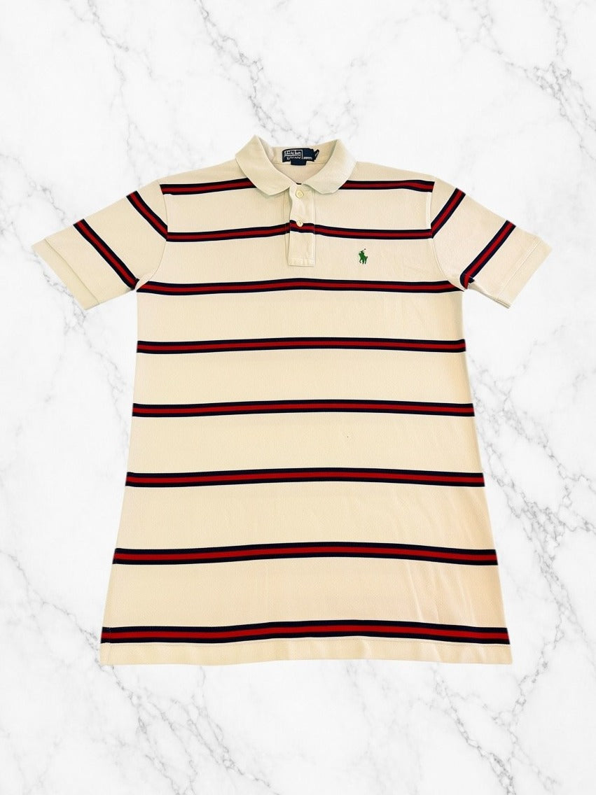 Wit Polo Ralph Lauren shirt met rood-blauwe bies (piqué polo / sportshirt), maat M heren