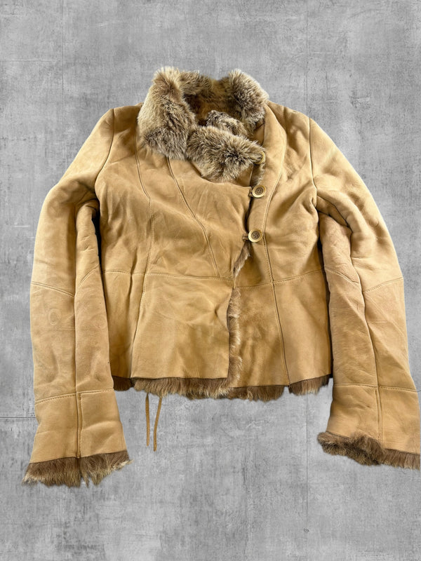 Vintage Dressing Afghaanse jas beige dames maat M leer wol katoen