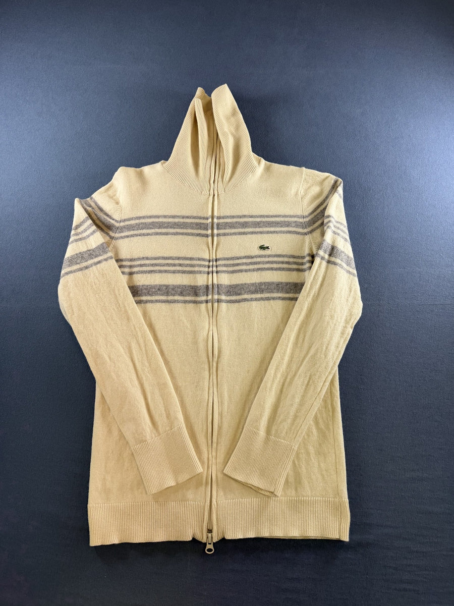 Beige-grijs gestreept Lacoste gebreid vest (cardigan / fijngebreid vestje) dames maat L