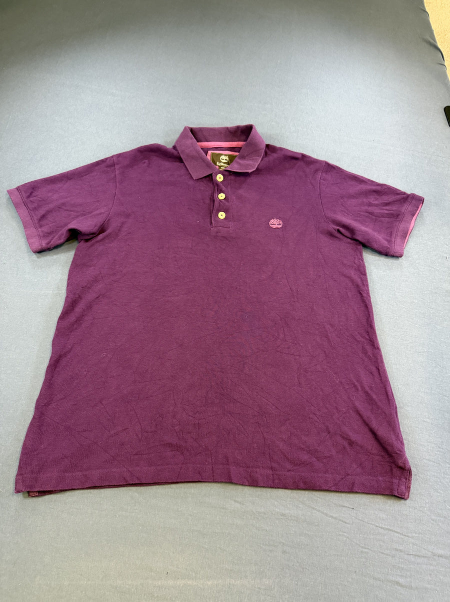 Paarse Timberland poloshirt, maat M (piqué polo met geborduurd boomlogo)