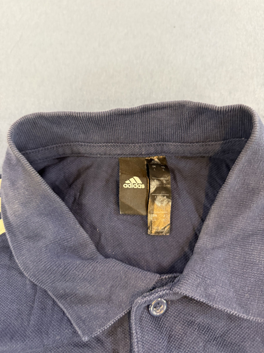 Blauwe adidas polo (poloshirt) met gele strepen – maat L