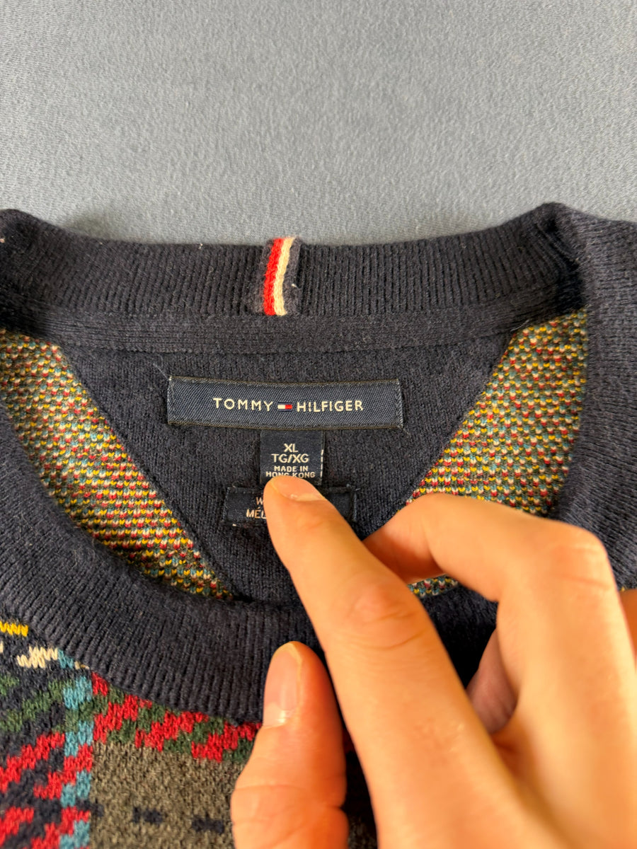 Tommy Hilfiger trui grijs geruit heren maat XL wol sweater pullover gebreid