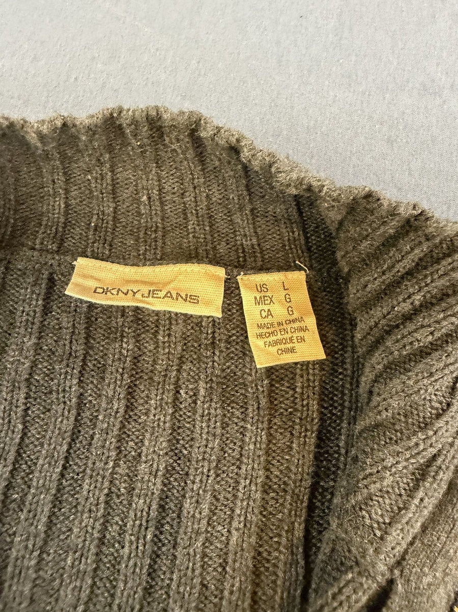Grijze DKNY ritstrui met kraag (colvest / ribcardigan), maat L