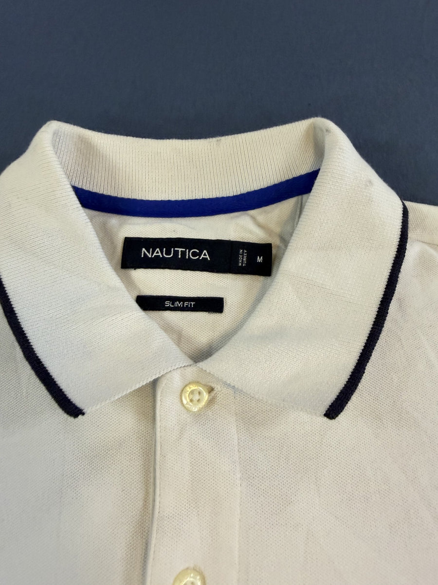 Ecru met kobaltstrepen: Nautica piqué polo (poloshirt), maat M, slim fit