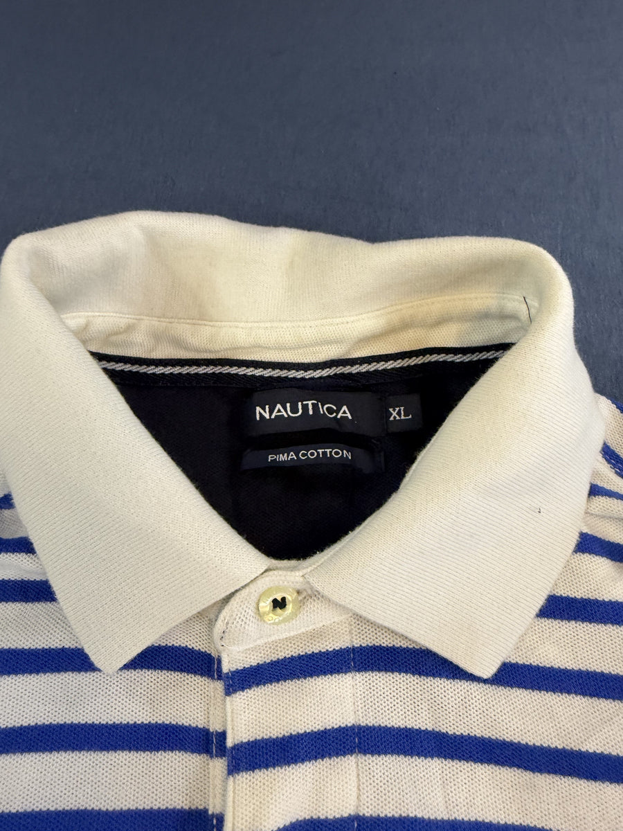 Wit poloshirt met kobaltblauwe strepen (polo / tennisshirt), Nautica, maat XL