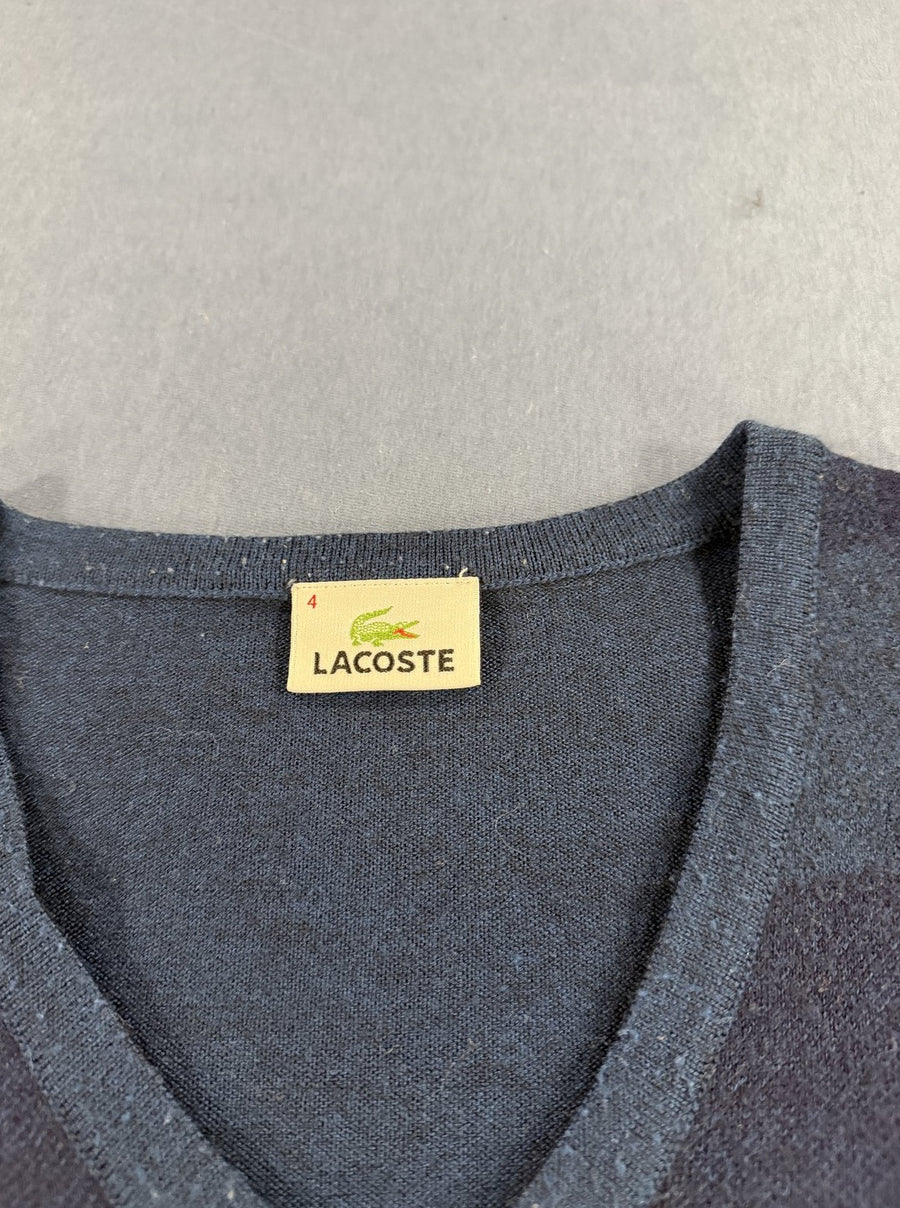 Blauwe Lacoste pullover met ruitmotief (V-hals trui / sweater), maat M