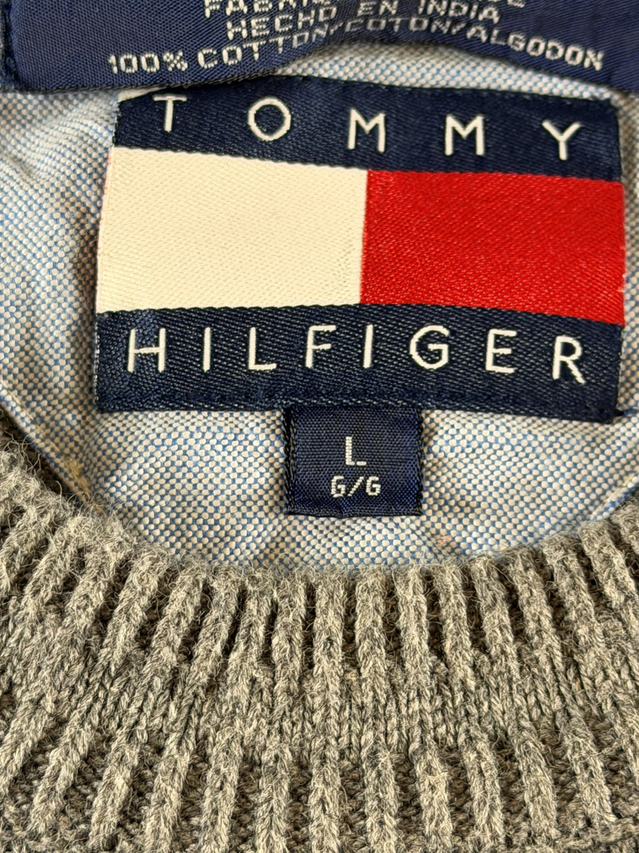 Tommy Hilfiger trui grijs gestreept heren maat L katoen sweater pullover gebreid