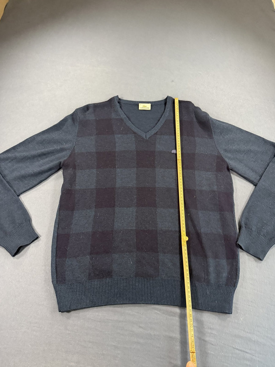 Blauwe Lacoste pullover met ruitmotief (V-hals trui / sweater), maat M