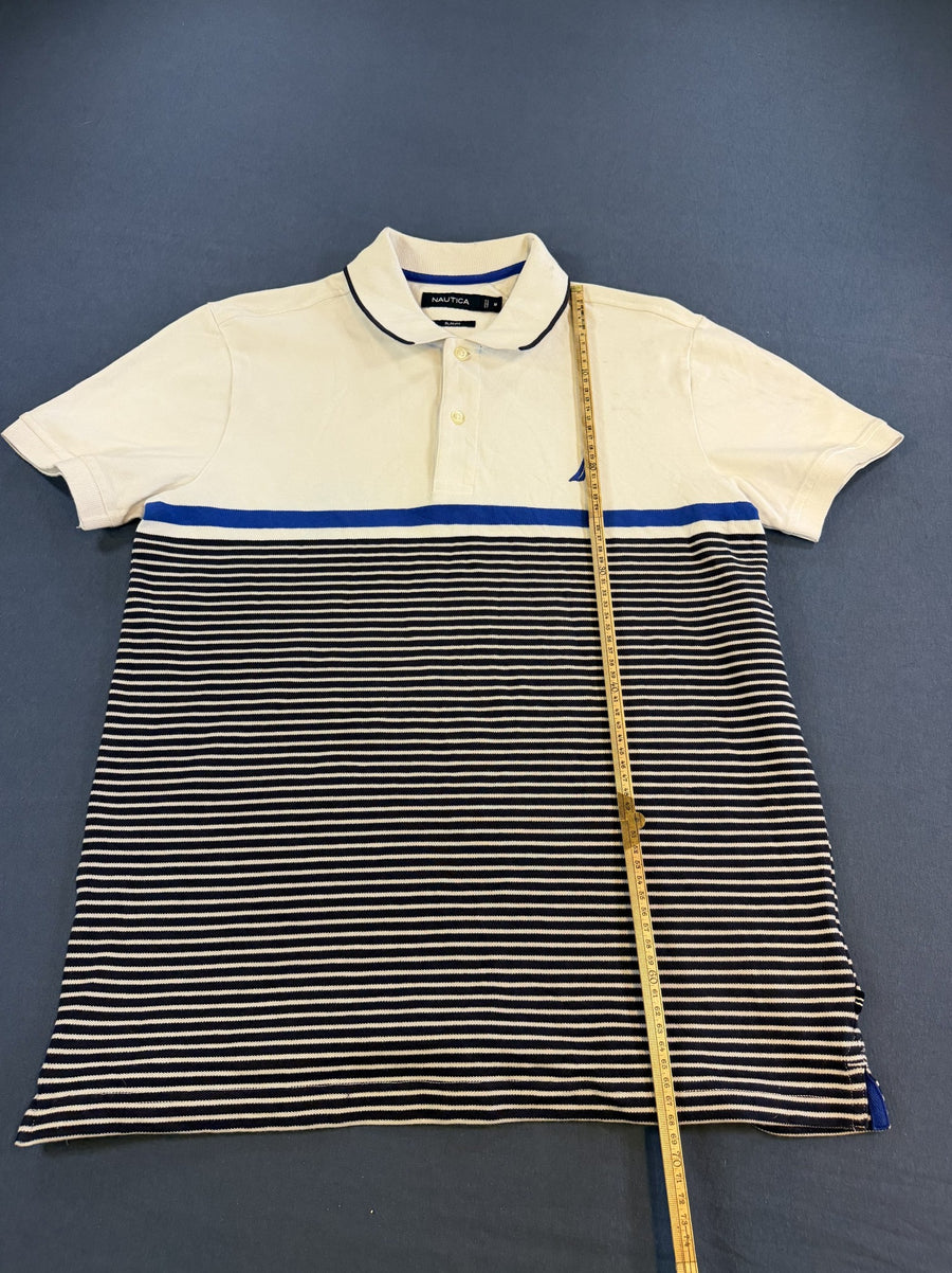 Ecru met kobaltstrepen: Nautica piqué polo (poloshirt), maat M, slim fit