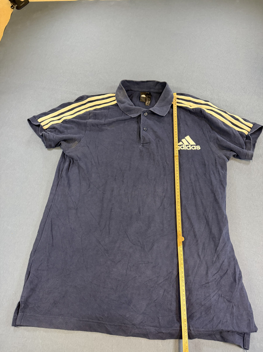 Blauwe adidas polo (poloshirt) met gele strepen – maat L