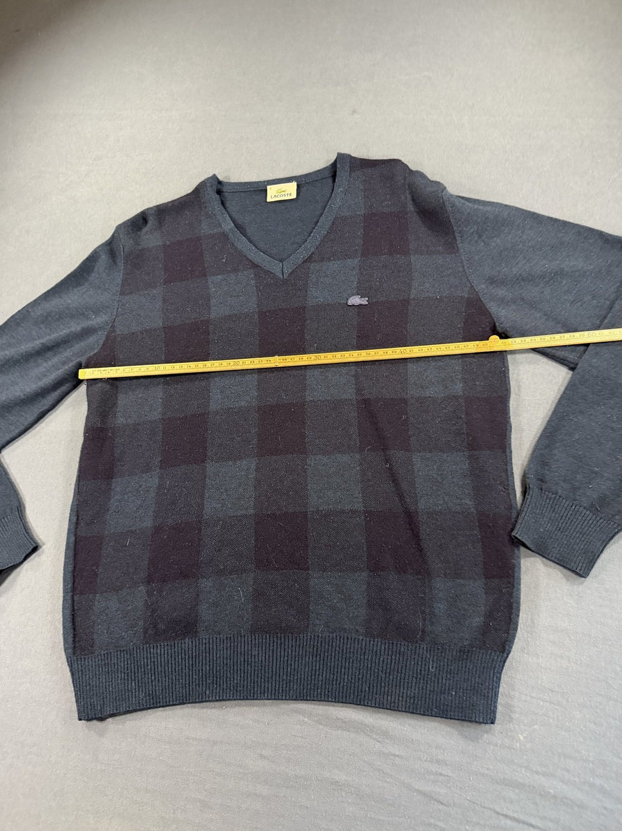 Blauwe Lacoste pullover met ruitmotief (V-hals trui / sweater), maat M