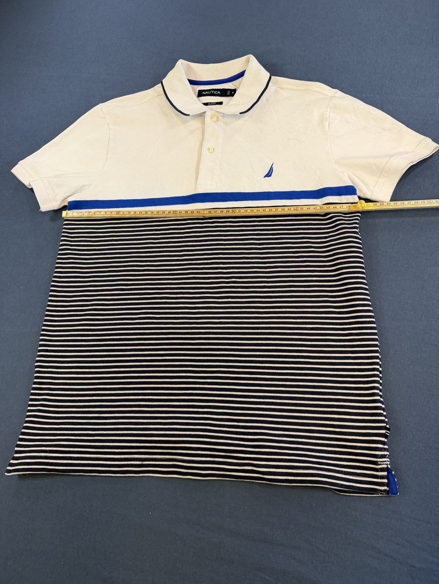 Ecru met kobaltstrepen: Nautica piqué polo (poloshirt), maat M, slim fit