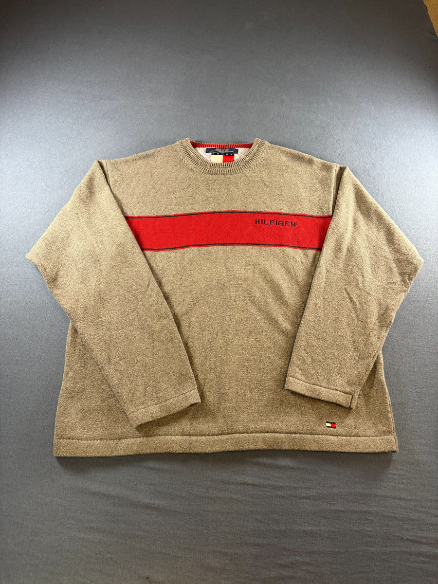 Tommy Hilfiger trui grijs gestreept heren maat L katoen sweater pullover gebreid
