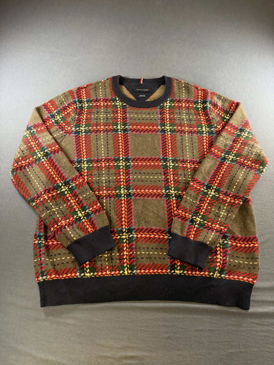 Tommy Hilfiger trui grijs geruit heren maat XL wol sweater pullover gebreid