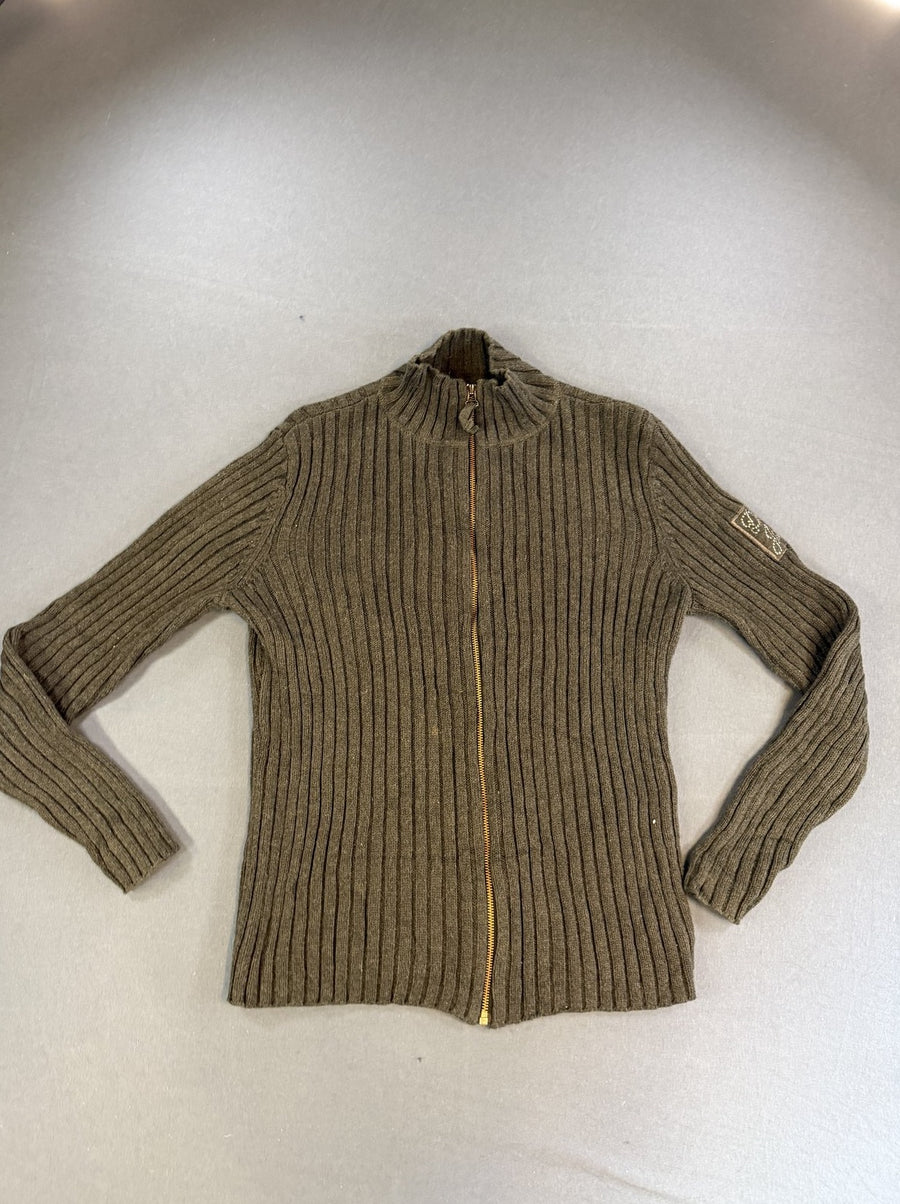 Grijze DKNY ritstrui met kraag (colvest / ribcardigan), maat L