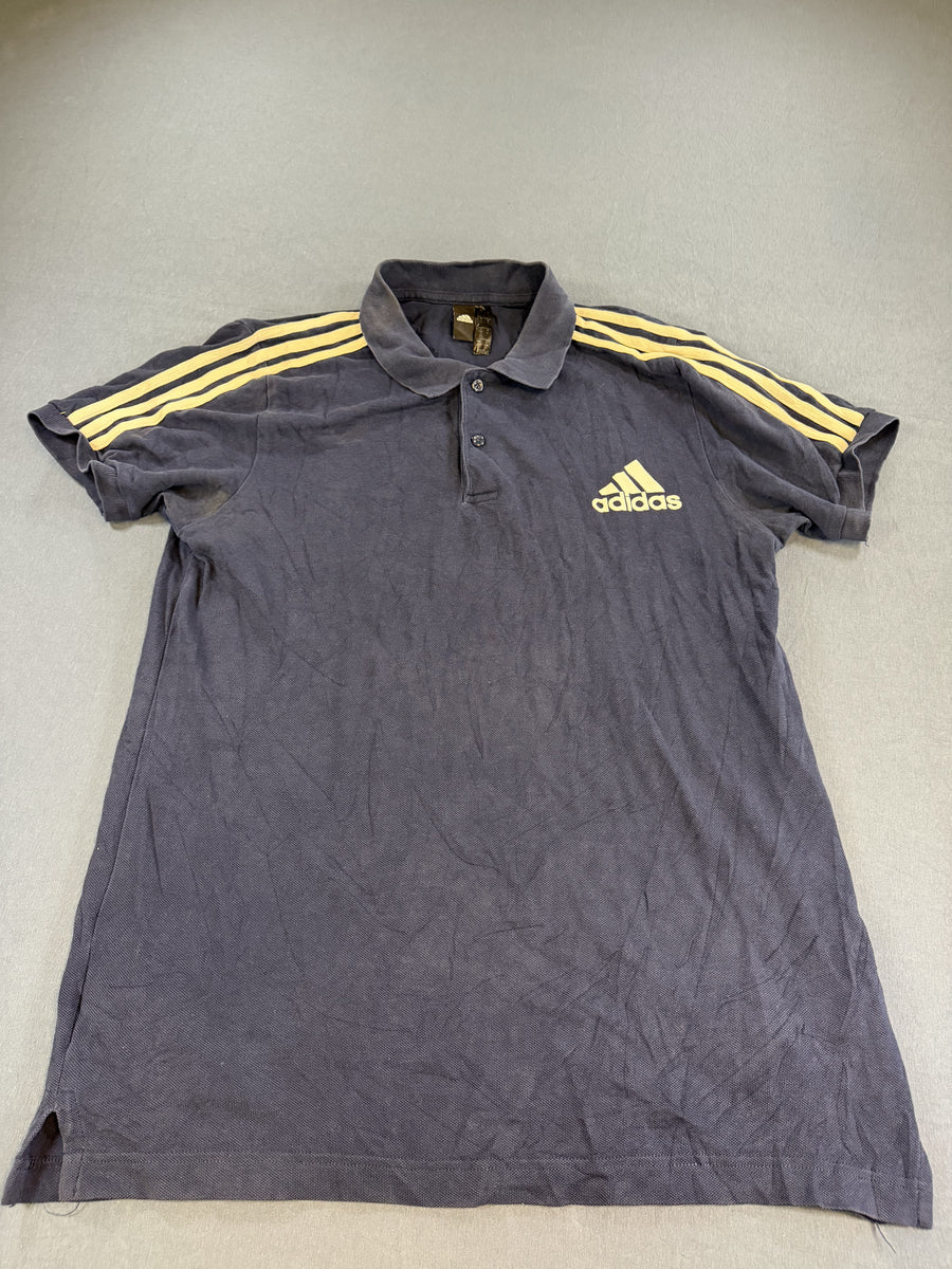 Blauwe adidas polo (poloshirt) met gele strepen – maat L