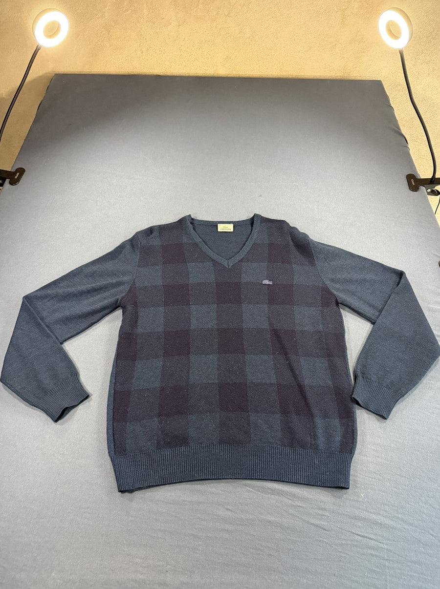 Blauwe Lacoste pullover met ruitmotief (V-hals trui / sweater), maat M