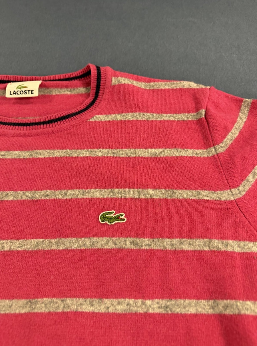 Framboosroze Lacoste streeptrui, maat L (gebreide pullover / sweater) met ronde hals