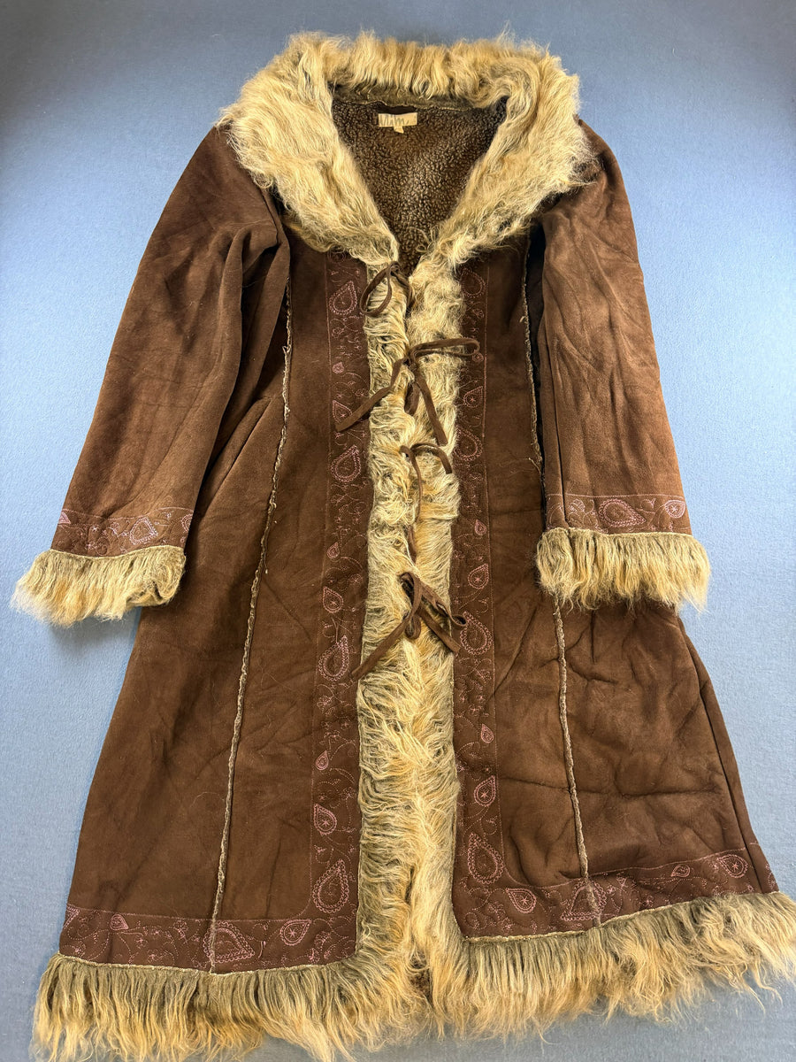 Vintage Dressing Afghaanse jas bruin print dames maat M