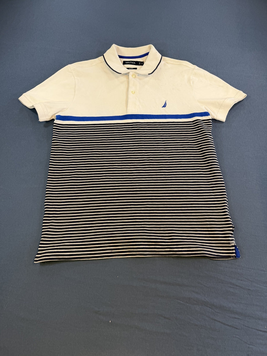 Ecru met kobaltstrepen: Nautica piqué polo (poloshirt), maat M, slim fit