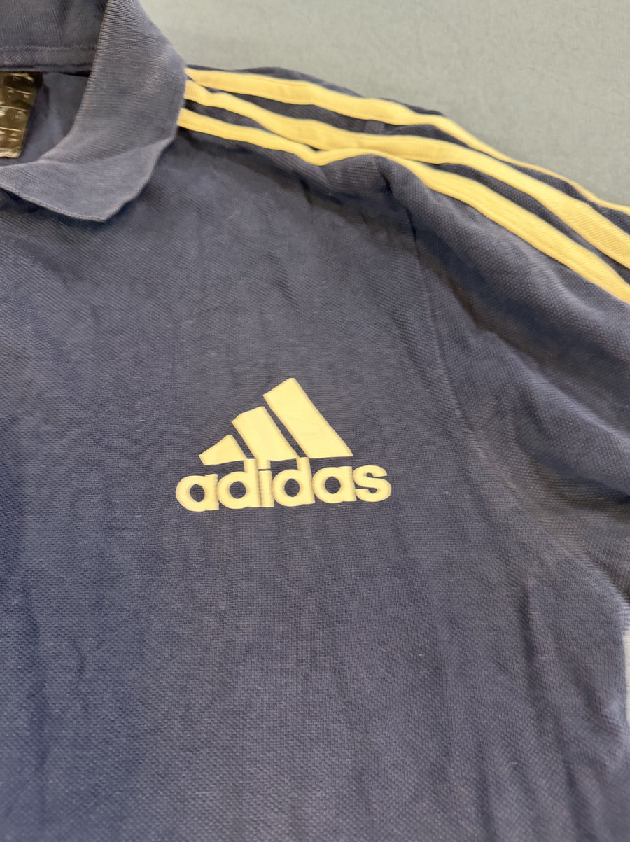 Blauwe adidas polo (poloshirt) met gele strepen – maat L