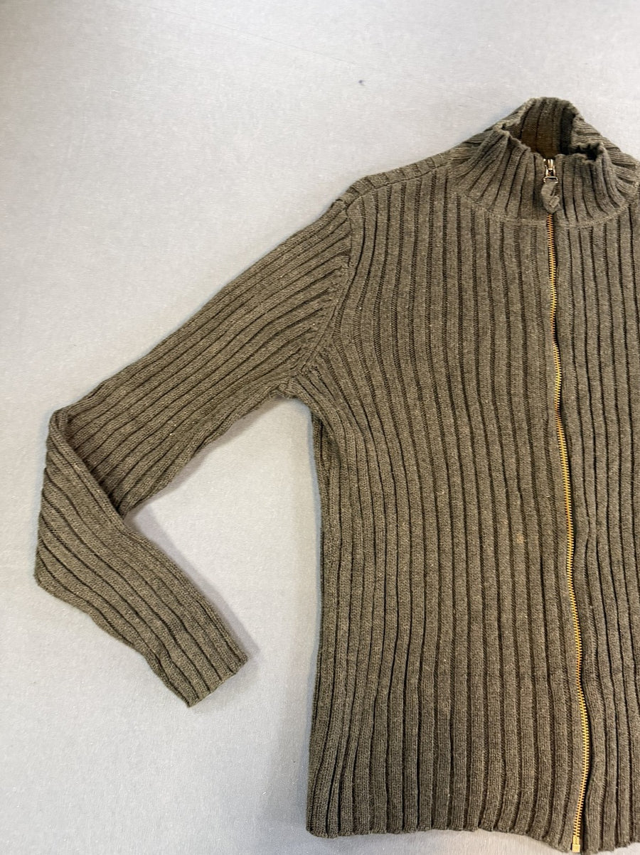 Grijze DKNY ritstrui met kraag (colvest / ribcardigan), maat L