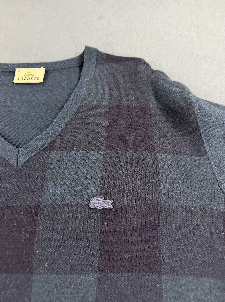 Blauwe Lacoste pullover met ruitmotief (V-hals trui / sweater), maat M