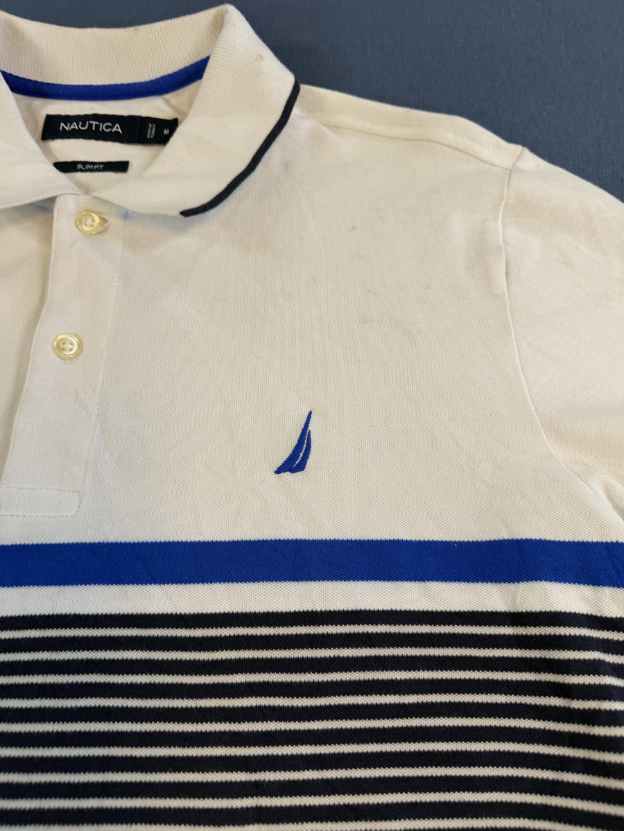 Ecru met kobaltstrepen: Nautica piqué polo (poloshirt), maat M, slim fit