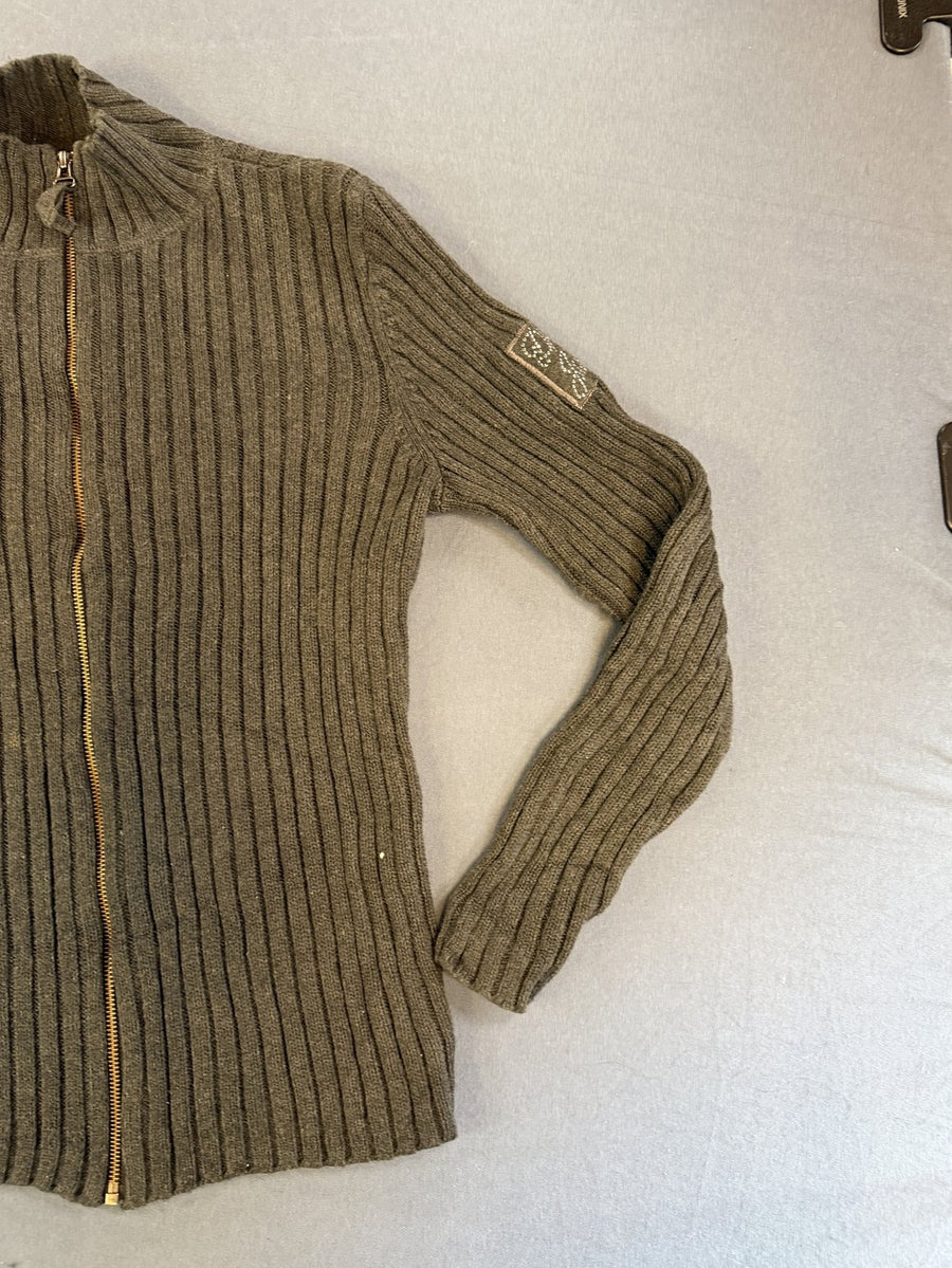 Grijze DKNY ritstrui met kraag (colvest / ribcardigan), maat L