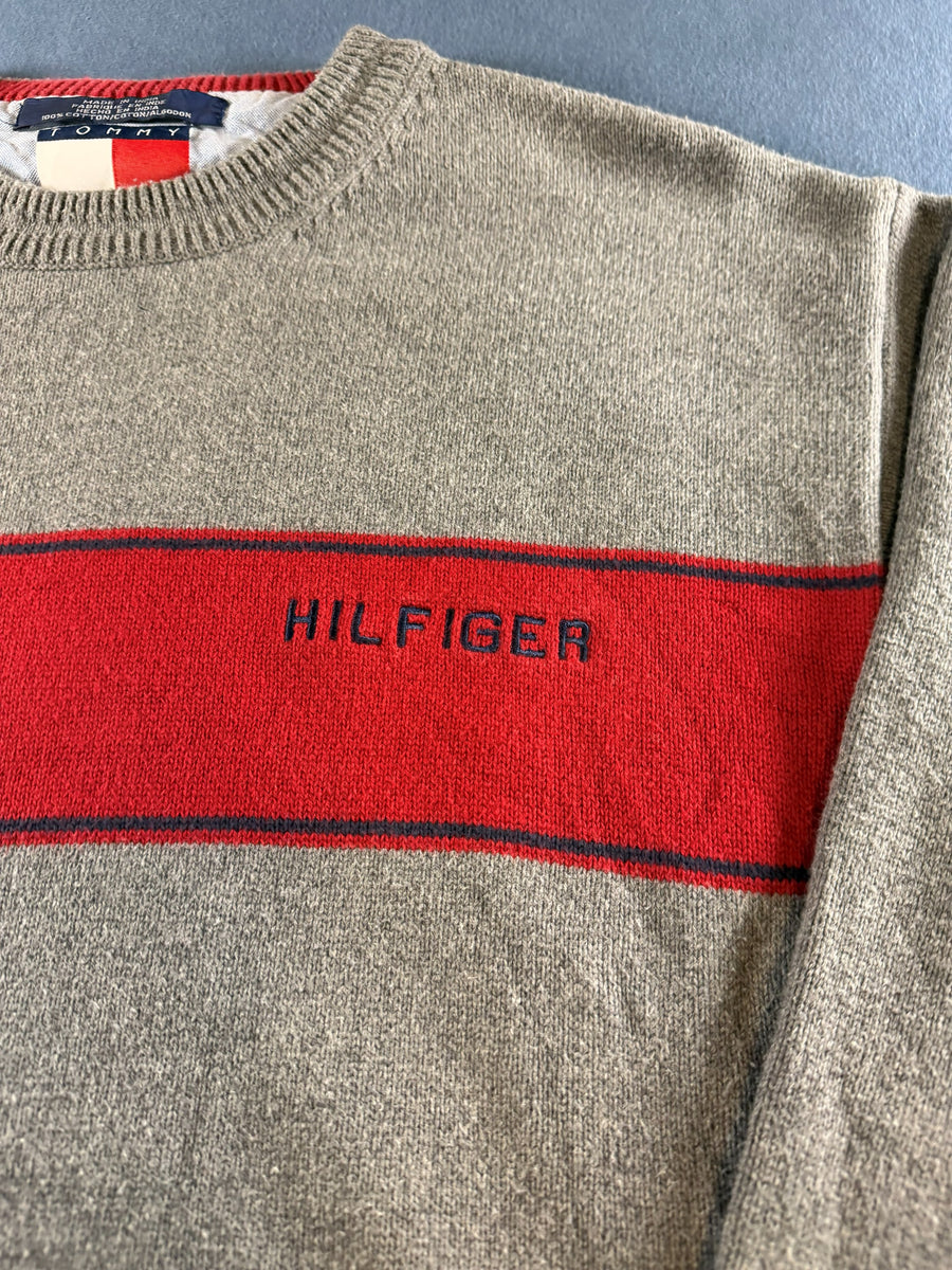 Tommy Hilfiger trui grijs gestreept heren maat L katoen sweater pullover gebreid