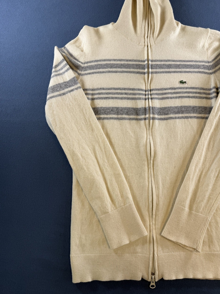 Beige-grijs gestreept Lacoste gebreid vest (cardigan / fijngebreid vestje) dames maat L