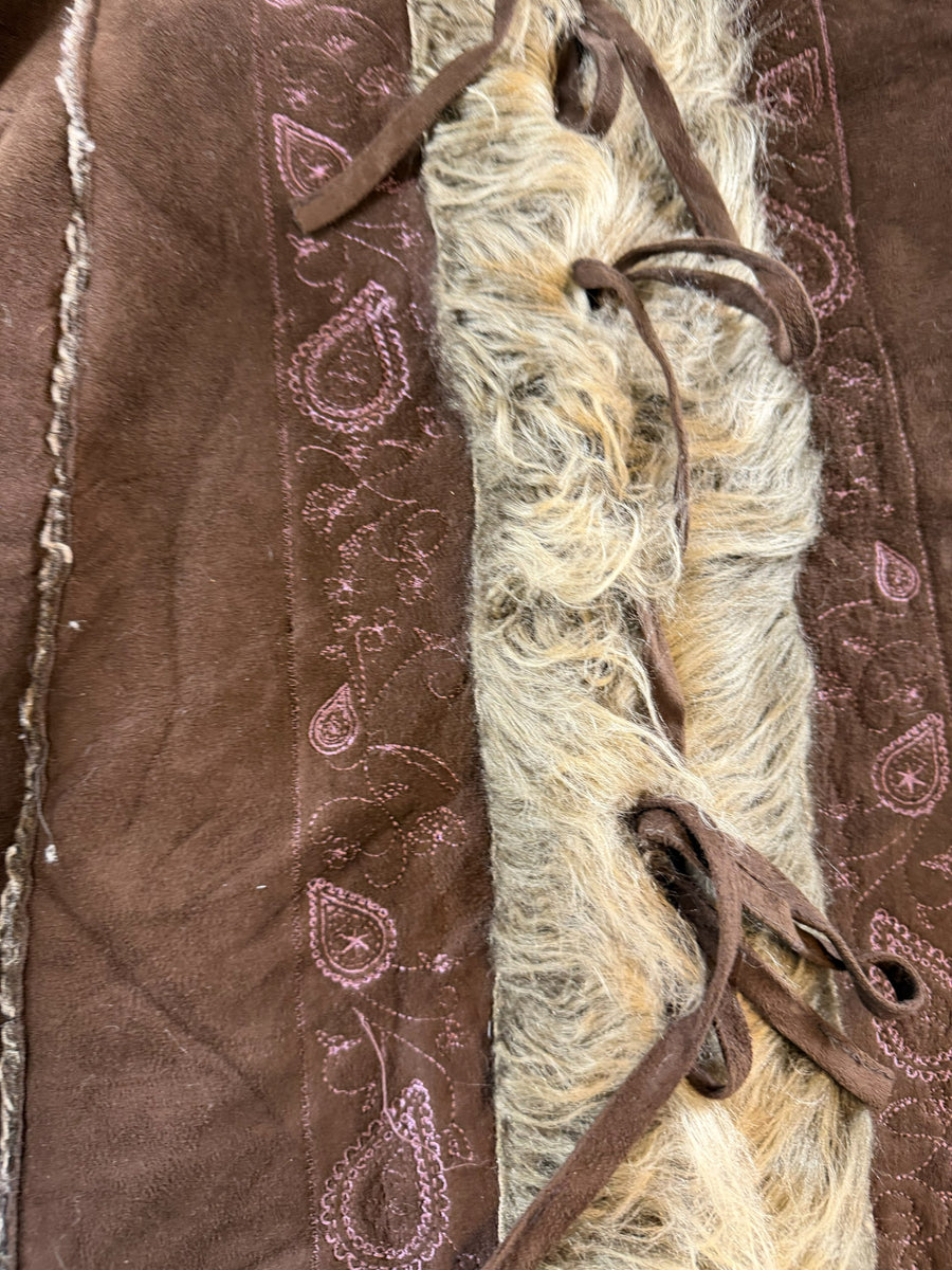 Vintage Dressing Afghaanse jas bruin print dames maat M