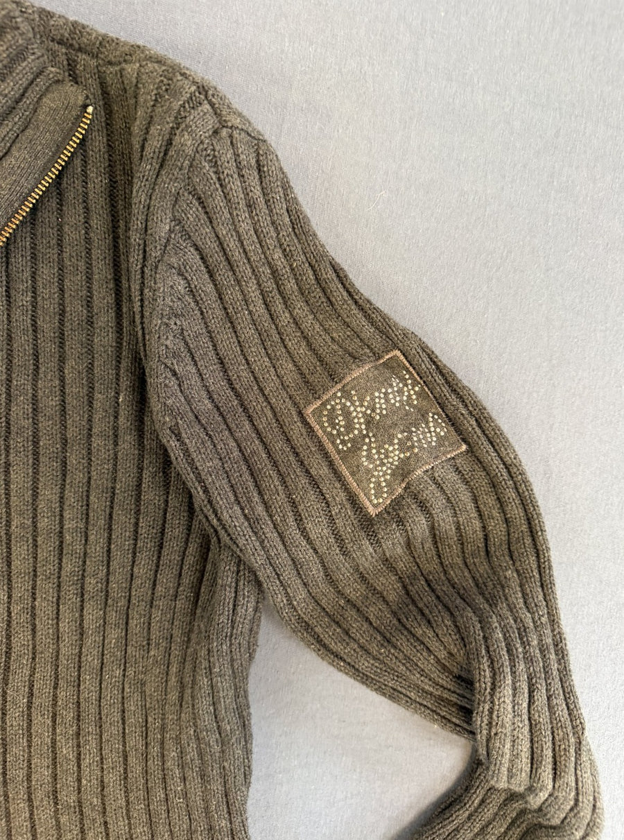 Grijze DKNY ritstrui met kraag (colvest / ribcardigan), maat L