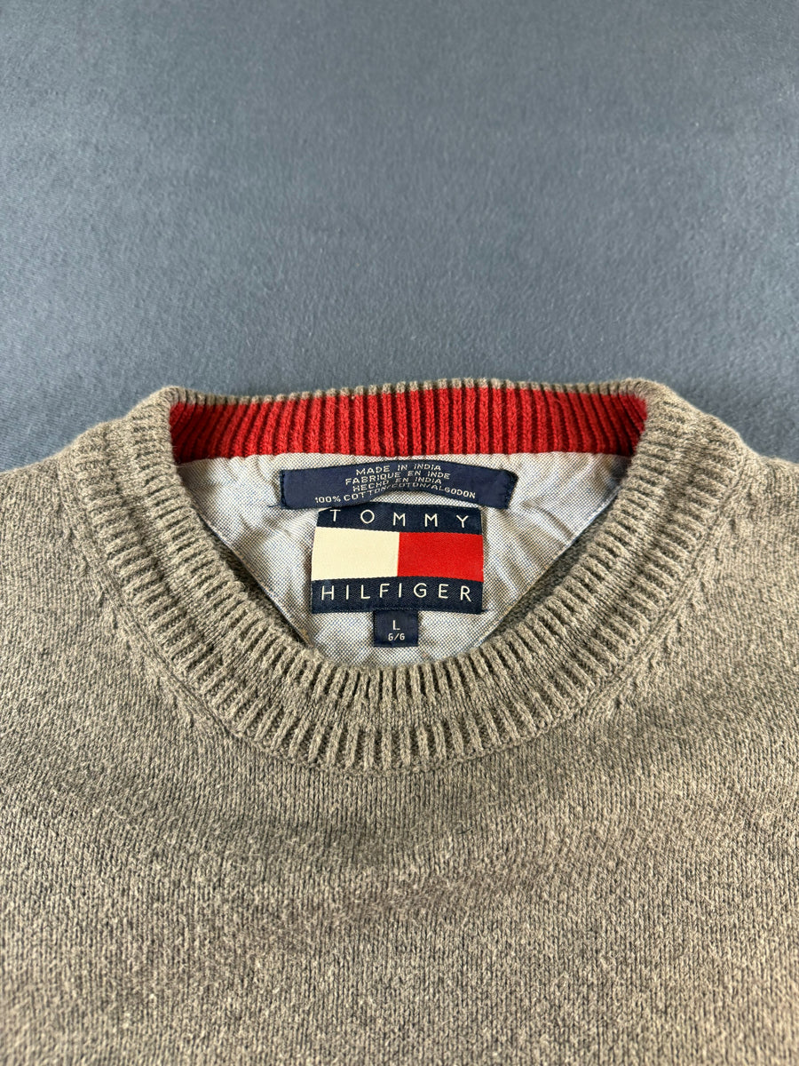 Tommy Hilfiger trui grijs gestreept heren maat L katoen sweater pullover gebreid