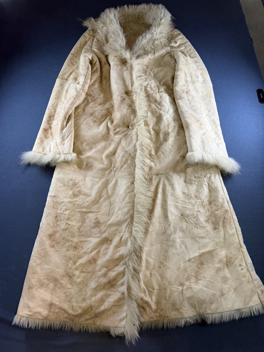 Beige leren damesjas van Vintage Dressing (lammy coat / Afghaanse jas), maat XL